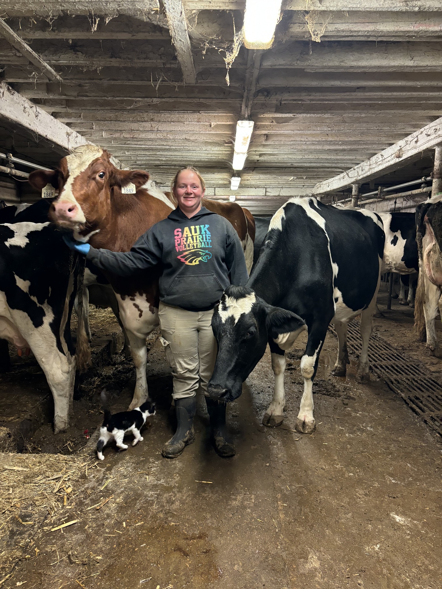 Beth Yanke in barn with cows